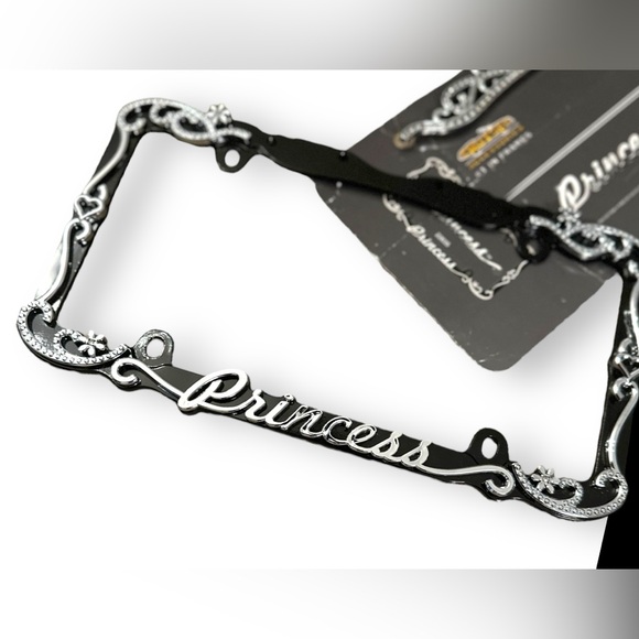 Black & Chrome Princess License Plate Frame & Diamond Bling Fasteners New - Picture 6 of 16